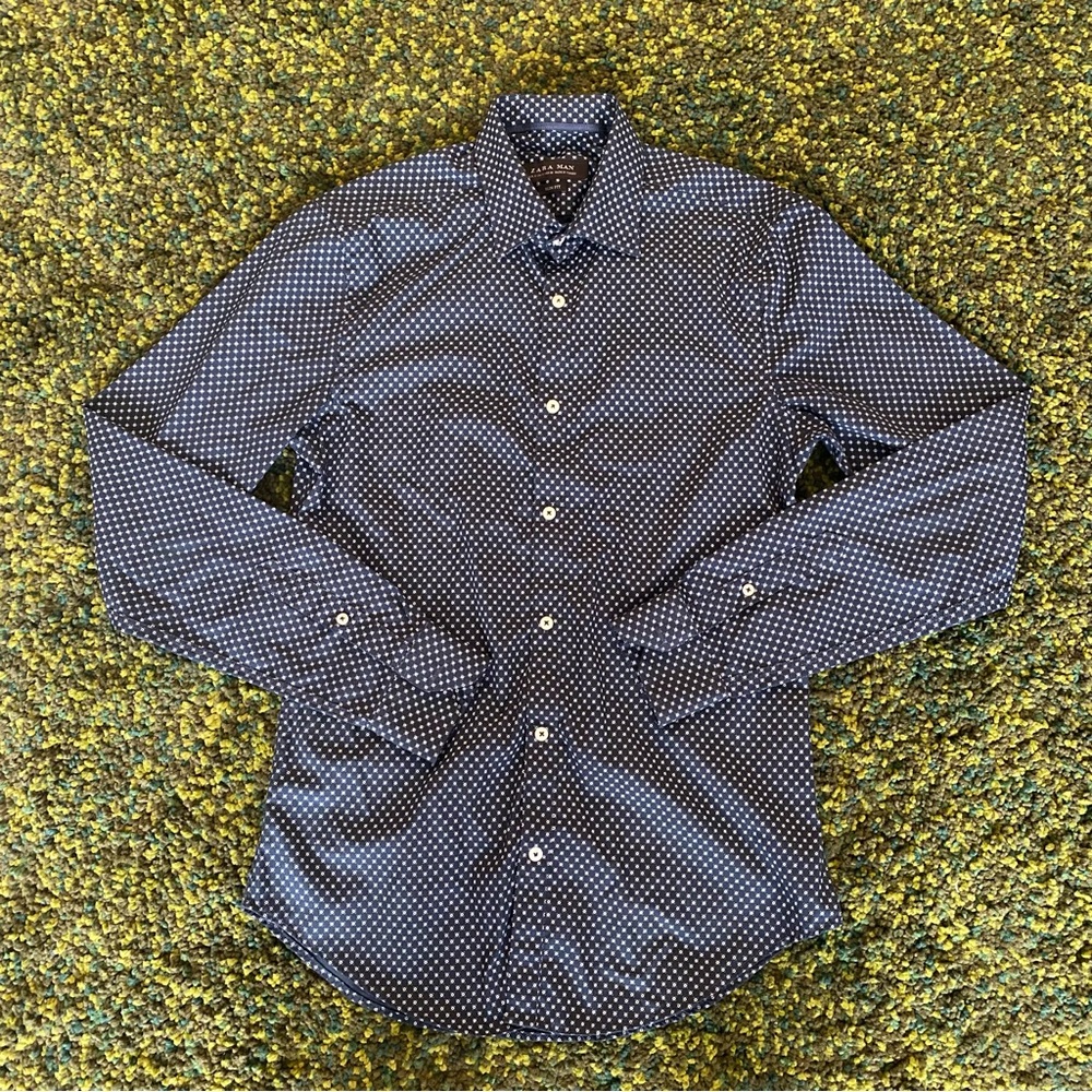 Zara Man Navy Blue Polka Dot Long Sleeve Button Down Shirt Slim Fit Small